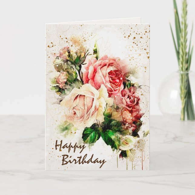 Birthday Blessings Vintage Roses Inspirational Card (Front)