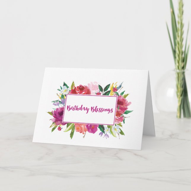 Birthday Blessings Watercolor Flowers Card (Front)