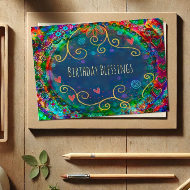 Birthday Blessings Whimsical Cheerful Girly Card (Creator Uploaded)