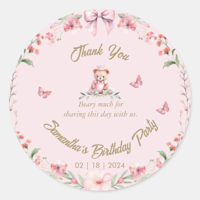 Birthday Blooms and Bears Thank You Sticker (Front)
