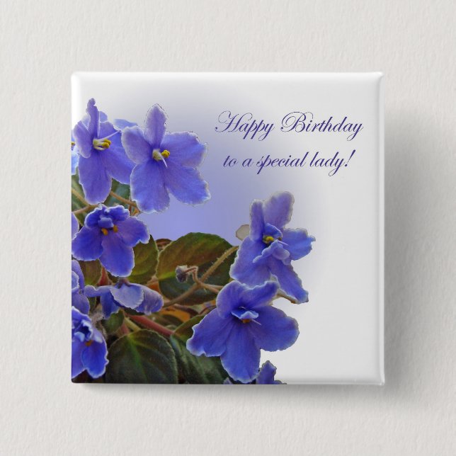 Birthday Blue African Violets 15 Cm Square Badge (Front)