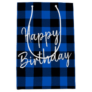 Birthday Blue and Black Buffalo Plaid Medium Gift Bag