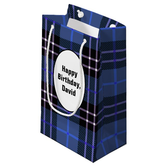 Birthday Blue and Black Plaid Small Gift Bag (Front Angled)