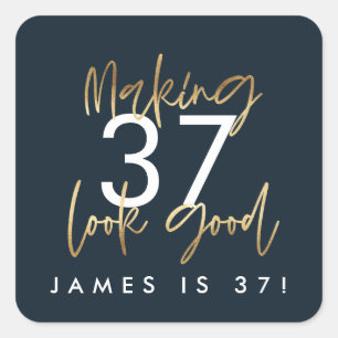 Birthday blue and gold simple elegant modern  square sticker