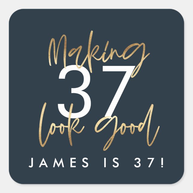 Birthday blue and gold simple elegant modern  square sticker (Front)
