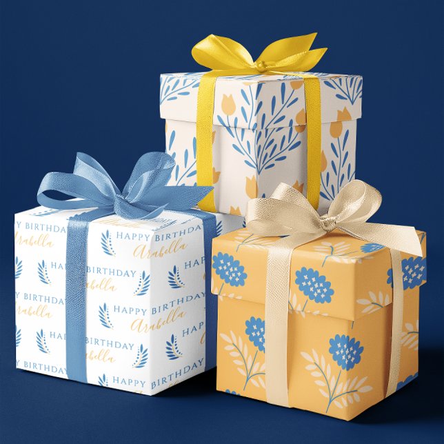 Birthday Blue and Orange Floral Wrapping Sheets (Celebrate a special birthday with this beautiful floral personalized wrapping paper set! )