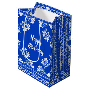 Birthday Blue and White Bandanna  Medium Gift Bag