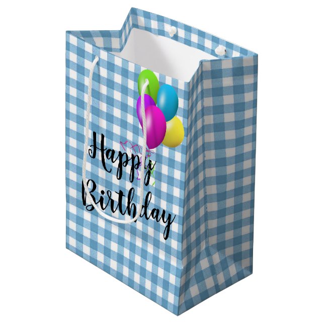 Birthday Blue and White Gingham Medium Gift Bag (Front Angled)