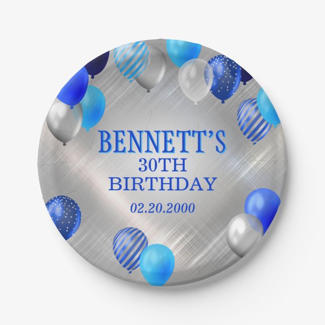 Birthday Blue Balloons Paper Plate (Front)