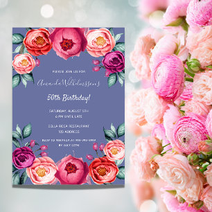 Birthday blue blush pink florals elegant invitation