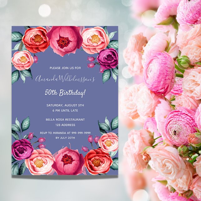 Birthday blue blush pink florals elegant invitation (Creator Uploaded)