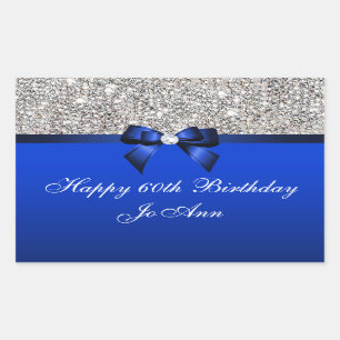 Birthday Blue Bow Silver Sequins Rectangular Sticker