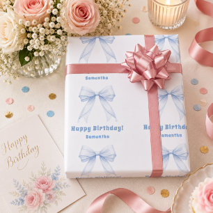 Birthday blue bow white girl wrapping paper
