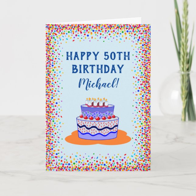 Birthday Blue Cake Colourful Celebration Card (Front)