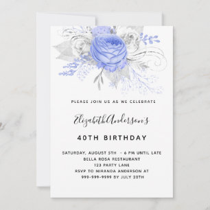 Birthday blue florals elegant silver white invitation