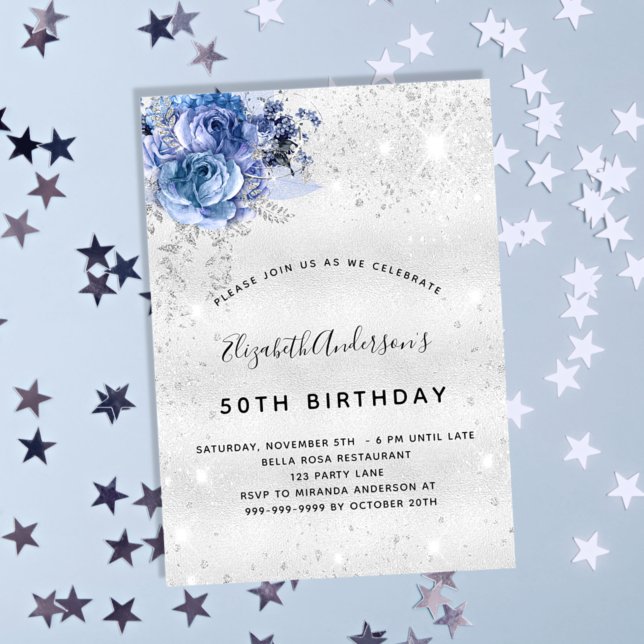 Birthday blue florals silver glitter glamorous invitation (Creator Uploaded)