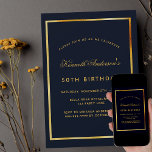 Birthday blue gold classic simple invitation<br><div class="desc">A dark blue background,  a decorated with a faux gold frame.  Personalise and add a name and party details. The name is written with an elegant hand lettered style script. 
Back: blue background.</div>