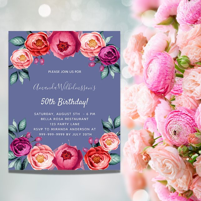Birthday blue pink floral budget invitation flyer (Creator Uploaded)