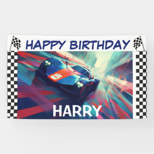 BIRTHDAY BLUE RACING CAR BANNER