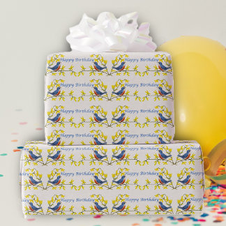 Birthday Blue Red Birds on Branch Flowers White Wrapping Paper