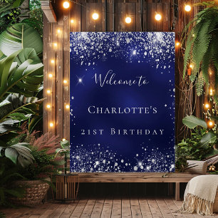 Birthday blue silver glitter party welcome poster