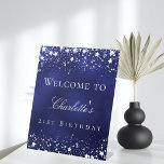 Birthday blue silver stars welcome party pedestal sign<br><div class="desc">A welcome sign for a glamourous 21st (or any age) birthday party.  A navy blue background with elegant faux silver stars. The blue colour is uneven.  Personalise and add a name and age 21.  White letters.</div>