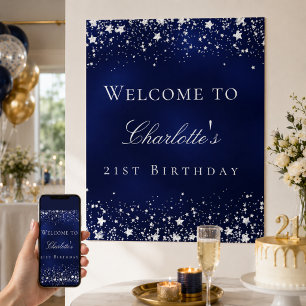 Birthday blue silver stars welcome party poster