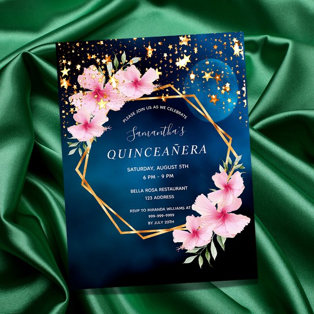 Birthday blue sky moon stars pink florals postcard (Creator Uploaded)