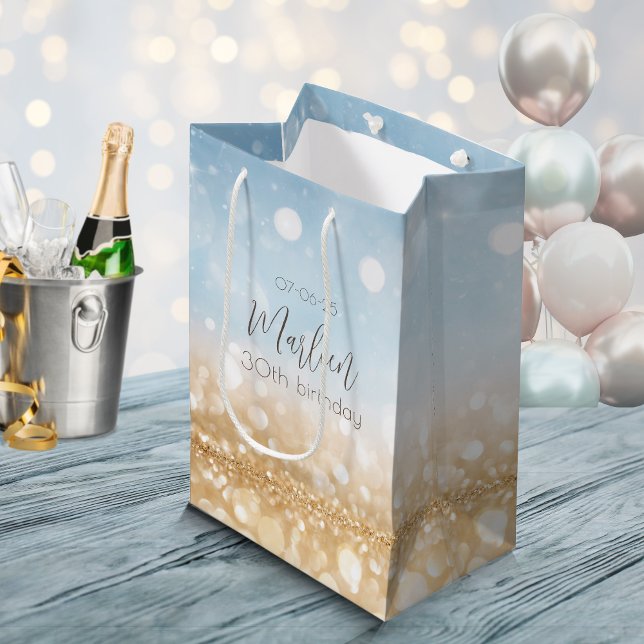 Birthday blue sparkling gold name medium gift bag (A birthday gift bag for a elegant and glamorous birthday. A faux gold glitter shimmer champagne)