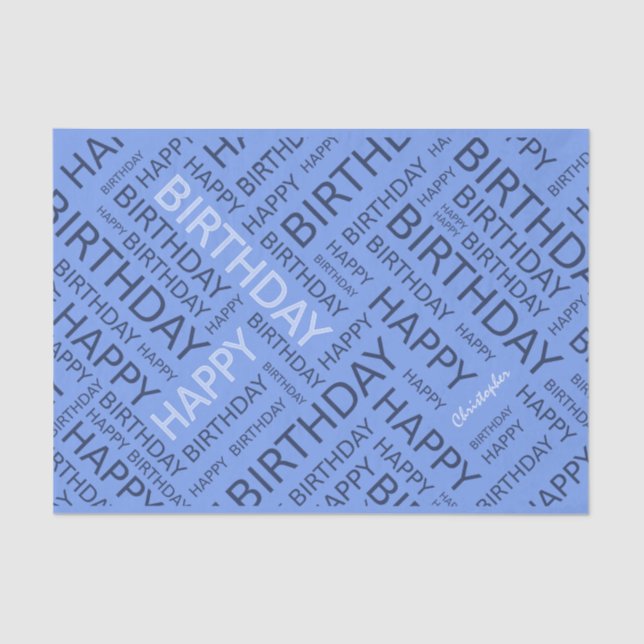 Birthday blue typographic personalised tissue paper (Front)