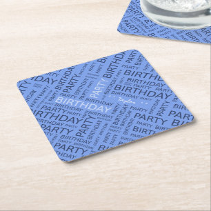 Birthday blue typography add name square paper coaster