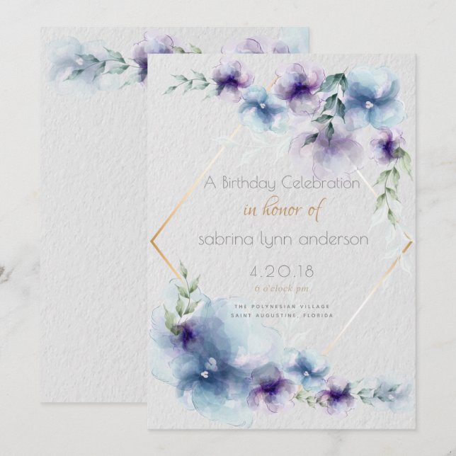 Birthday Blue-Violet Translucent Watercolor Flower Invitation (Front/Back)