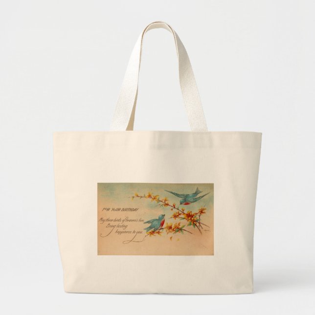 Birthday Bluebirds Vintage Postcard Large Tote Bag (Front)
