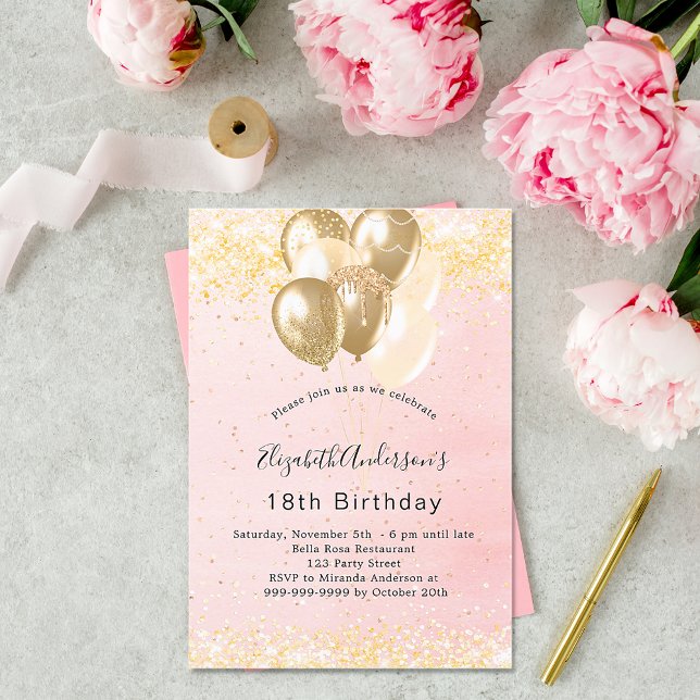 Birthday blush gold glitter balloons luxury invitation (Creator Uploaded)