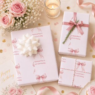 Birthday blush pink bow white girl wrapping paper sheet