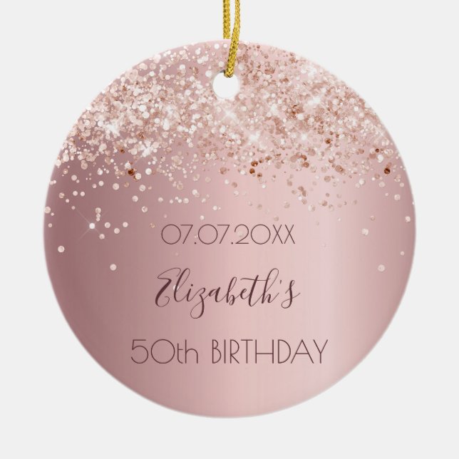 Birthday blush pink confetti name ceramic tree decoration (Front)