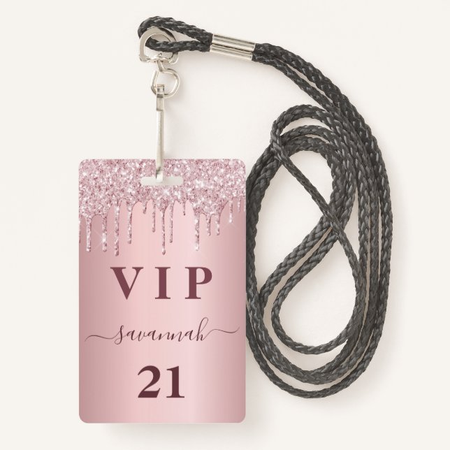Birthday blush pink drips name vip pass ID badge (Front with Lanyard)