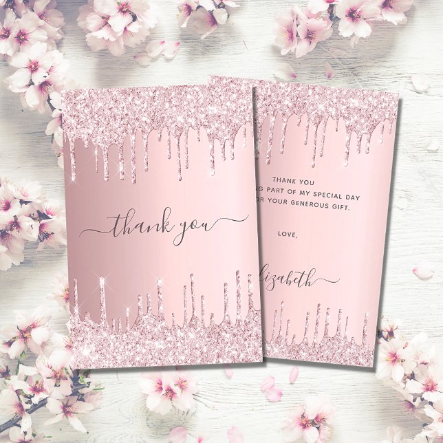 Birthday blush pink glitter drips elegant script thank you card (Creator Uploaded)