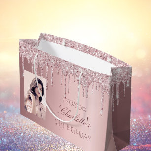 Birthday blush pink glitter drips name photo large gift bag