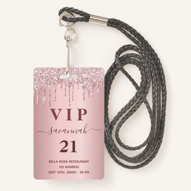 Birthday blush pink glitter drips name vip  ID badge (Front with Lanyard)