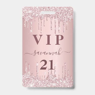 Birthday blush pink glitter drips vip invitation ID badge