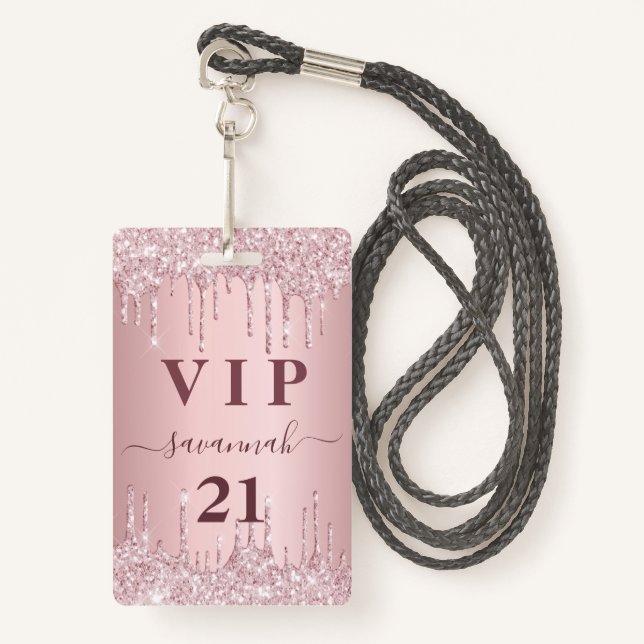 Birthday blush pink glitter drips vip invitation ID badge (Front with Lanyard)