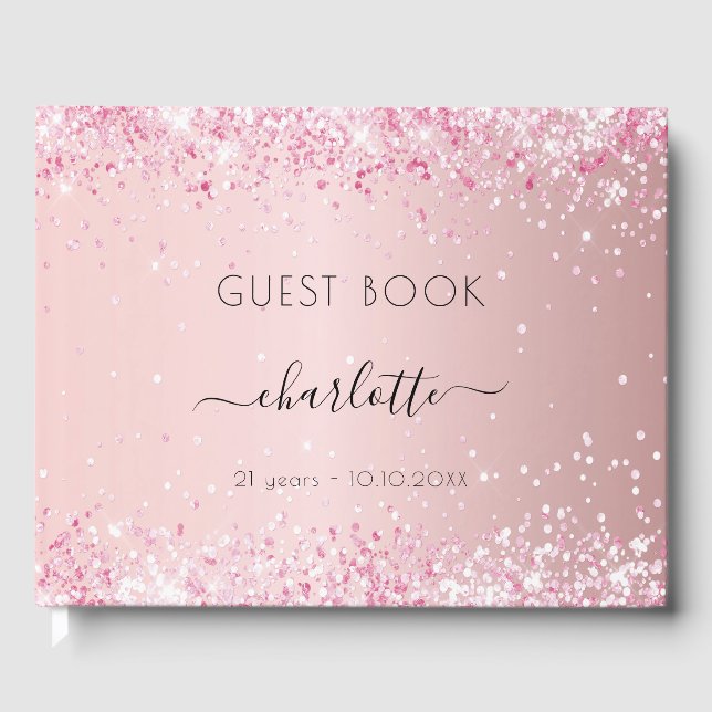 Birthday blush pink glitter dust monogram guest book (Front)