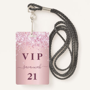 Birthday blush pink glitter dust name vip ID badge