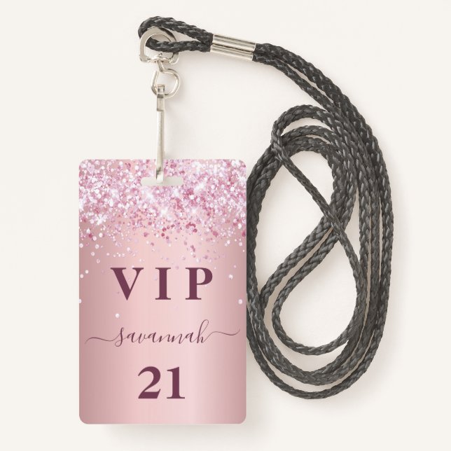 Birthday blush pink glitter dust name vip ID badge (Front with Lanyard)