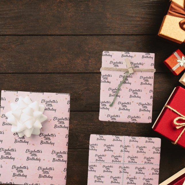 Birthday blush pink gold name script wrapping paper sheet (Creator Uploaded)