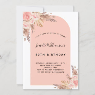Birthday blush pink pampas grass rose gold invitation