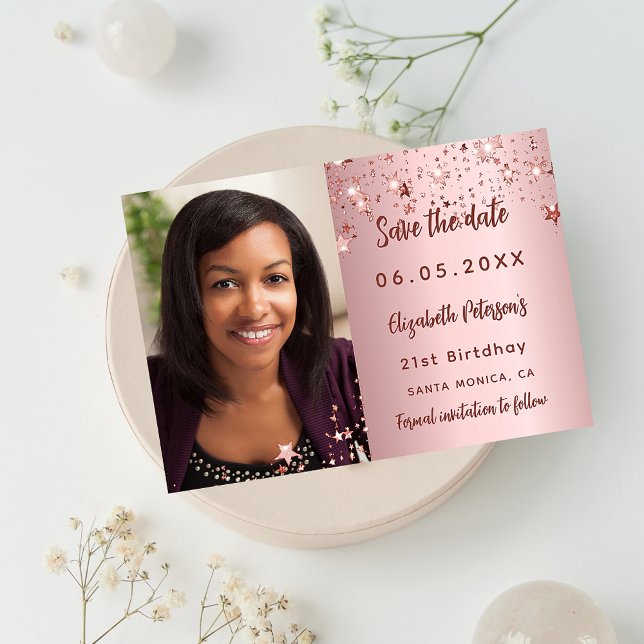Birthday blush pink photo save the date announcement postcard (Creator Uploaded)