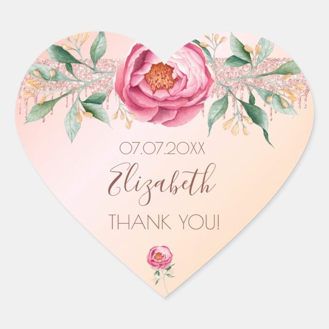 Birthday blush pink rose floral glitter thank you heart sticker (Front)