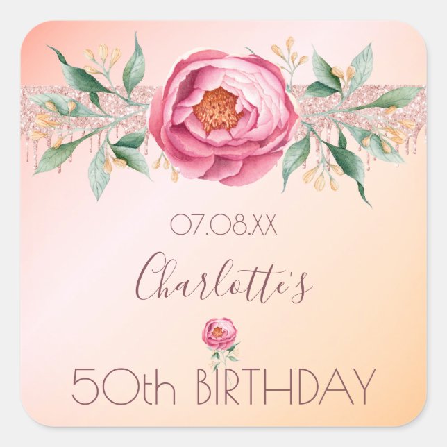 Birthday blush pink rose gold floral name square sticker (Front)